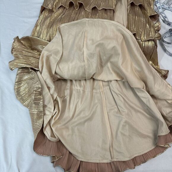 NWT‎ $498 IEENA Mac Duggal [ 4 ] 26740 Ruffle Tiered Lace Up Gown Gold - Picture 7 of 16